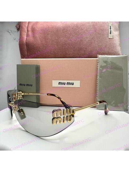 New MIU MIU Logo Sunglasses 2025 Runway Gold Slim Skinny Wrap Rimless Italy main image 12